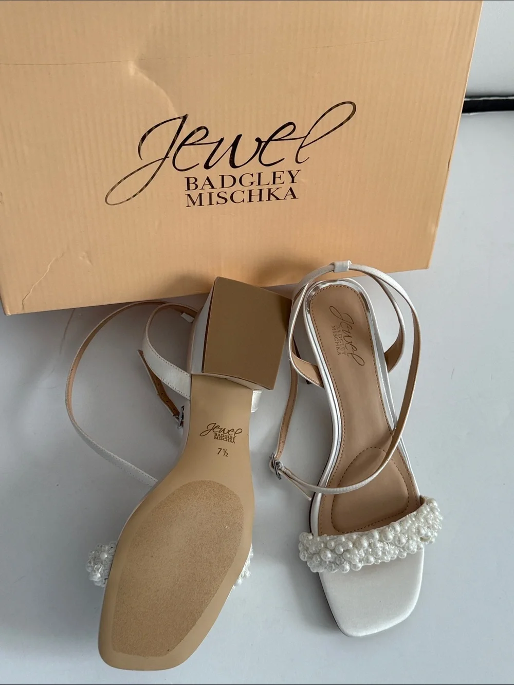 Jewel Badgley Mischka White Pearl Ankle-Strap Sandal